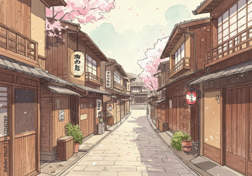 Fototapeta premium Scenic anime style illustration of a traditional Japanese street with cherry blossoms.