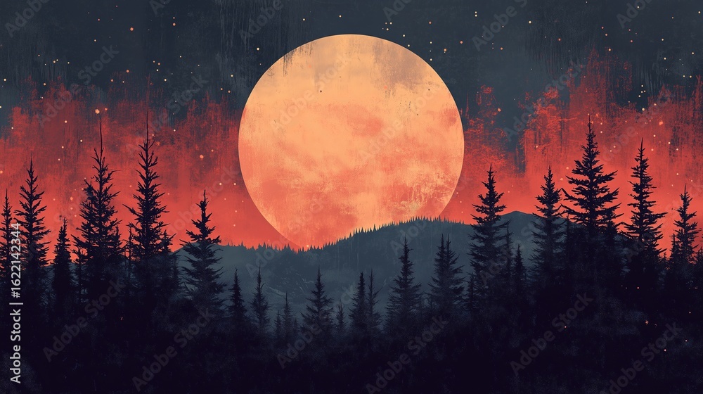 Naklejka premium Moonlit Forest Silhouette with Grunge Texture and Red Gradient Sky