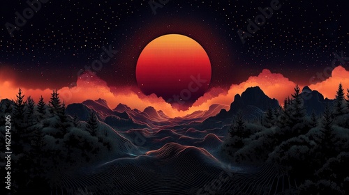 Retro Wave Mountain Landscape with Neon Sunset and Starry Sky