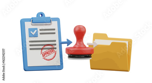 Document approval and certification process with a stamped checklist being filed into a folder. Business workflow concept as a 3D icon.