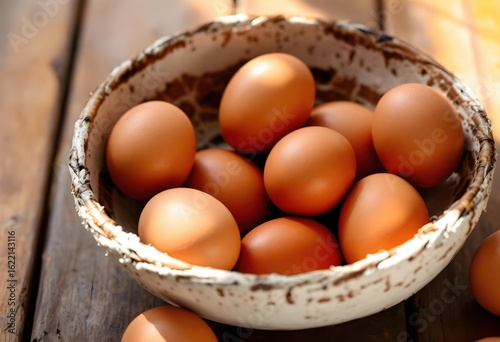 Wallpaper Mural Eggs arranged in handmade ceramic bowl on wooden table with natural light Torontodigital.ca