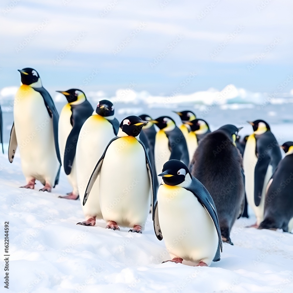 Fototapeta premium many penguins on an ice slope (1).jpg