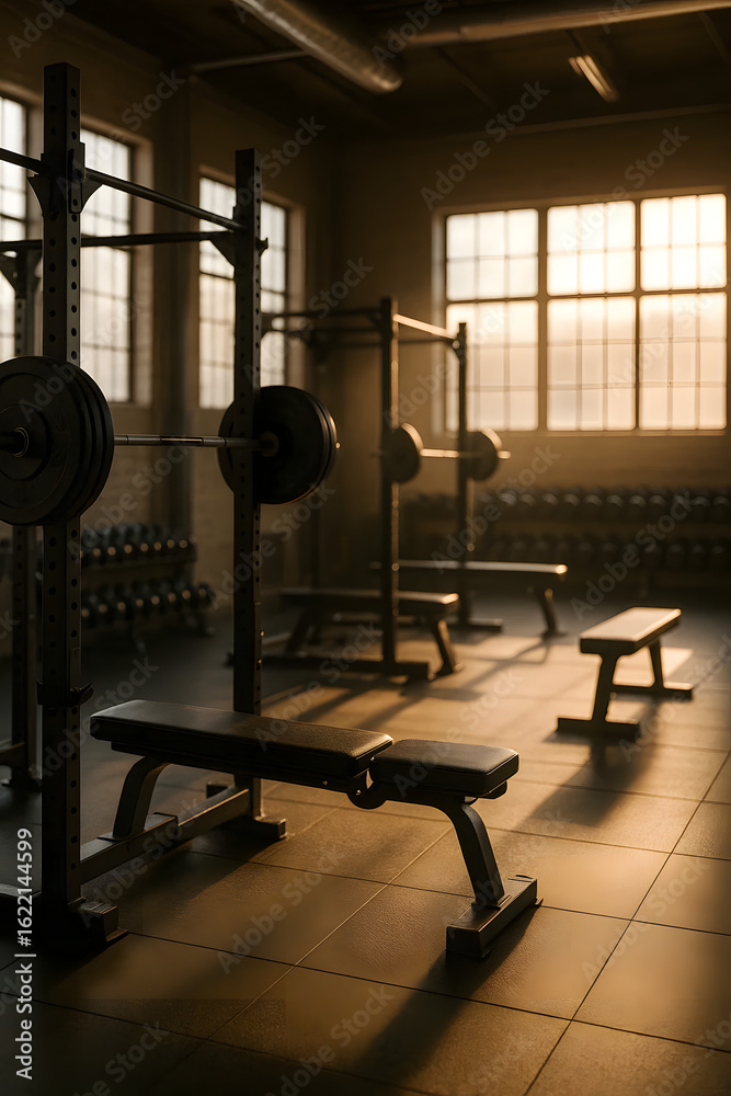 Obraz premium Cinematic industrial gym interior with weightlifting equipment and golden hour sunlight through windows