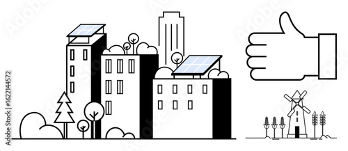 Urban buildings with solar panels, trees, windmill, and nature icons. Renewable energy, urban sustainability, green living. Ideal for ecology, renewable energy smart city sustainability