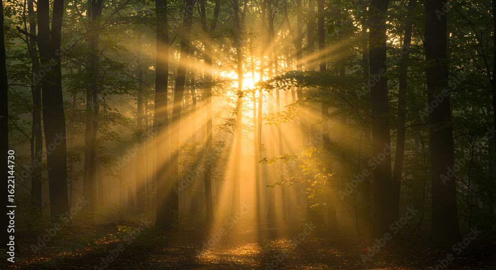 custom made wallpaper toronto digitalSunbeams Illuminating Misty Forest at Dawn
