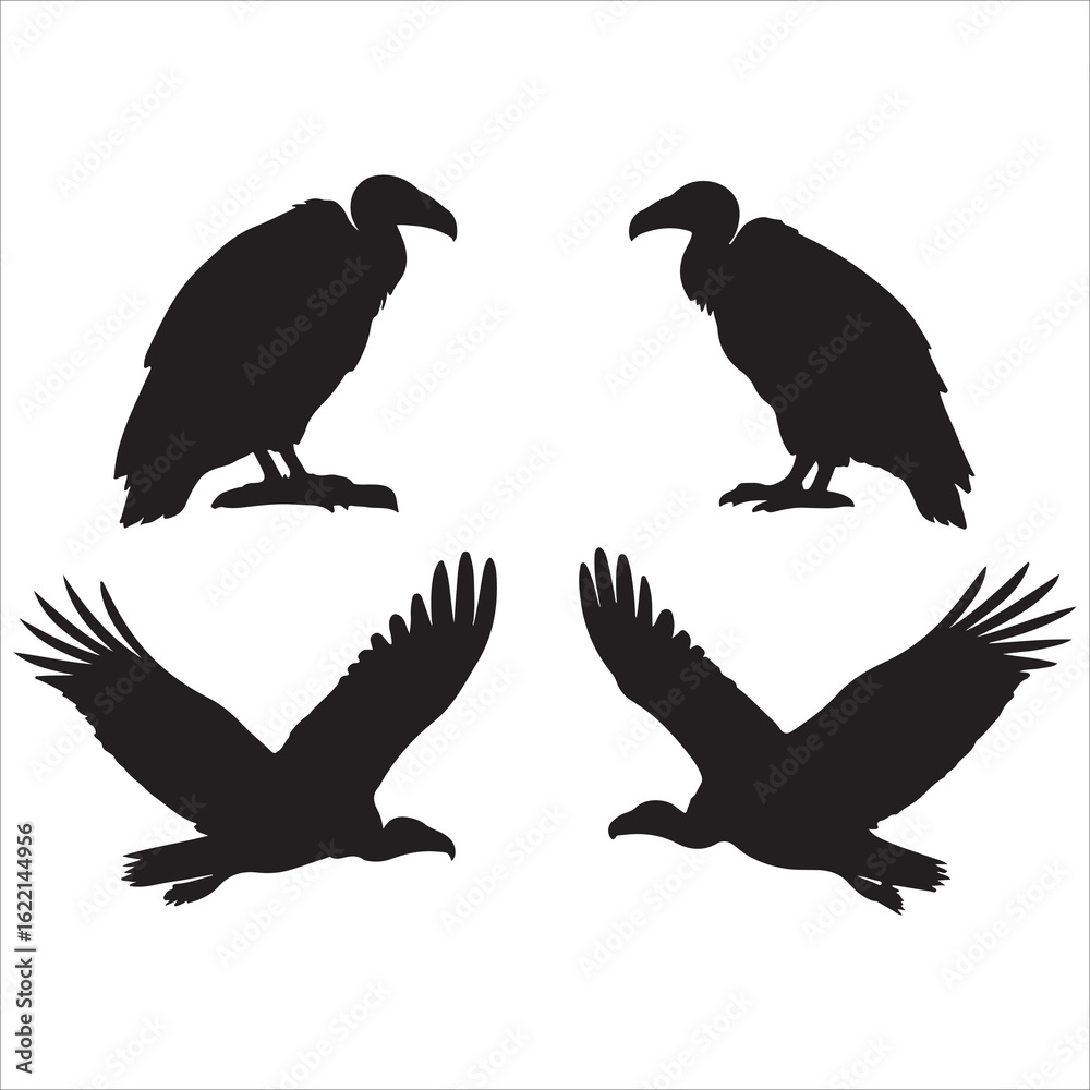 Fototapeta premium A striking vector illustration set of diverse bird silhouettes, showcasing flying eagles, crows, and doves with detailed wings and feathers