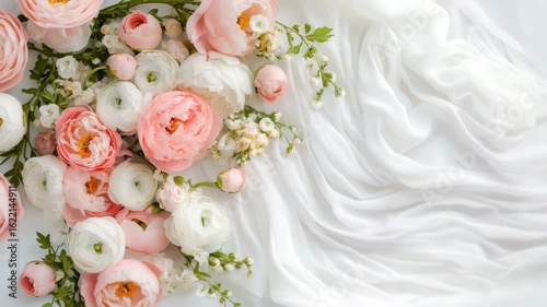 Soft pink and white ranunculus flower with green leaves on delicate white fabric creating gentle romantic floral composition soft elegant peaceful soft floral arrangement
