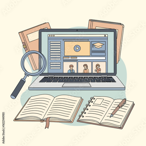 Online learning and distance education concept. Hand-drawn illustration of a laptop with a webinar, books, and study materials.