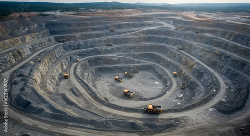 Aerial View of a Large Open-Pit Mine with Heavy Machinery