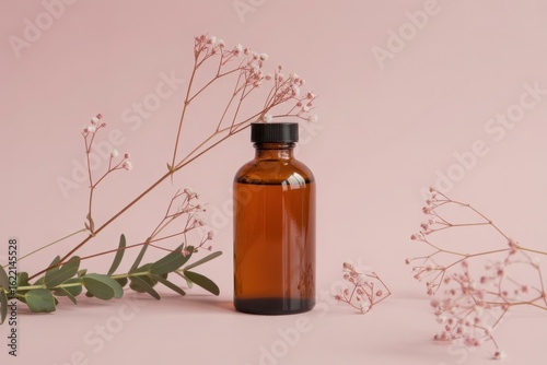 Elegant amber bottle with delicate baby's breath on pastel pink background for skincare, aromatherapy, or calming zen wellness concepts