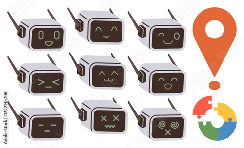 Nine robot heads showcase varied emotions and expressions. Includes a vibrant location marker and puzzle piece design. Ideal for robotics, AI, communication, emotions, mapping, teamwork
