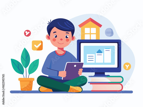 Boy using tablet with computer and books plant