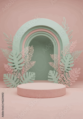 A pastel-colored studio scene featuring a round platform with archways and paper-cut foliage.