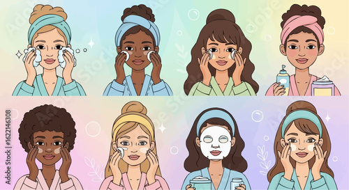 Diverse women performing skincare routines, cleansing and applying treatments.