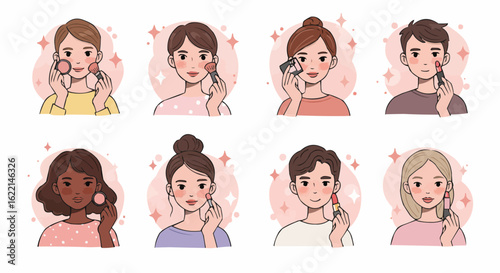 Illustration of diverse people applying blush to their cheeks with makeup brushes, set against a pink, sparkling background.