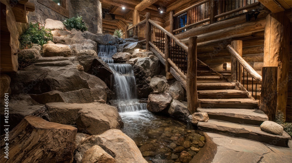 Naklejka premium Interior featuring a stone waterfall next to log stairs in a rustic cabin home