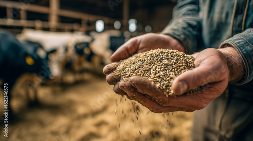 Farmer's hands holding grain in a farm barn with cows in the background. The grain is pouring out of his hands.