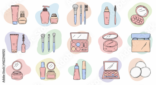 A colorful hand-drawn illustration set of various cosmetic products for a daily beauty routine and personal skincare collection.