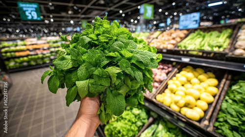 A fresh bunch of mint leaves held in hand at a supermarket produce section, with vegetables and greens displayed in the background.