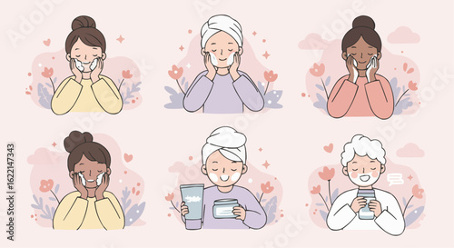 Diverse individuals applying facial masks and creams, showcasing skincare routines.