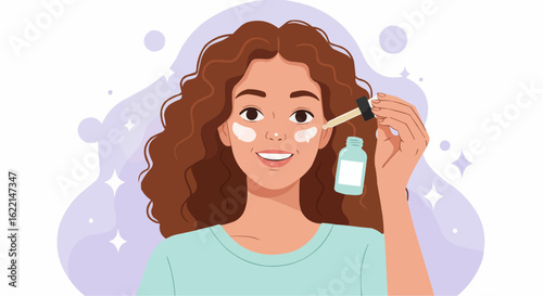 Happy woman applying facial serum, skincare routine, healthy glow.