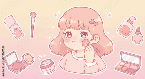 Adorable kawaii anime girl character enjoying her daily beauty routine with a set of cosmetic products