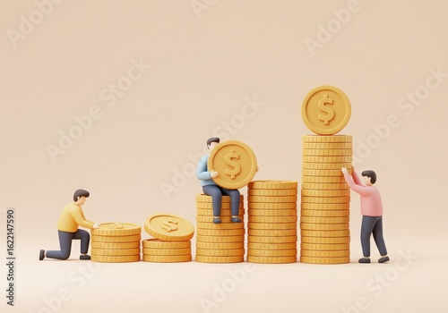 Tiny people building a tall stack of gold coins representing financial growth