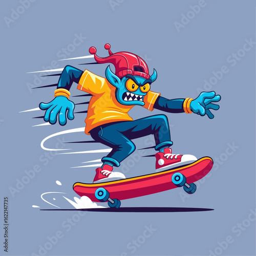 A fierce blue goblin monster with an angry expression skateboarding at high speed. Cartoon vector illustration of a character for urban street style.