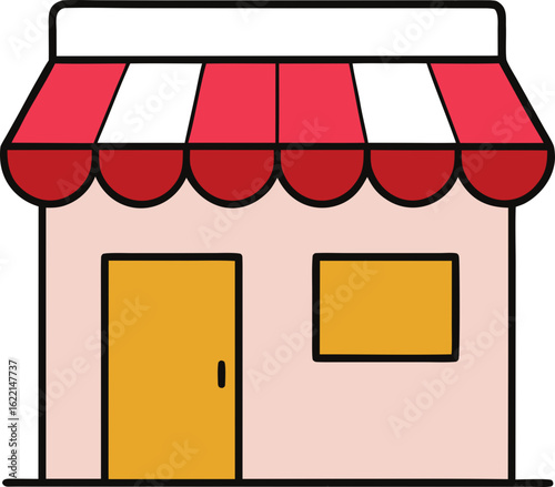 Cartoon storefront building with red and white awning isolated on transparent background