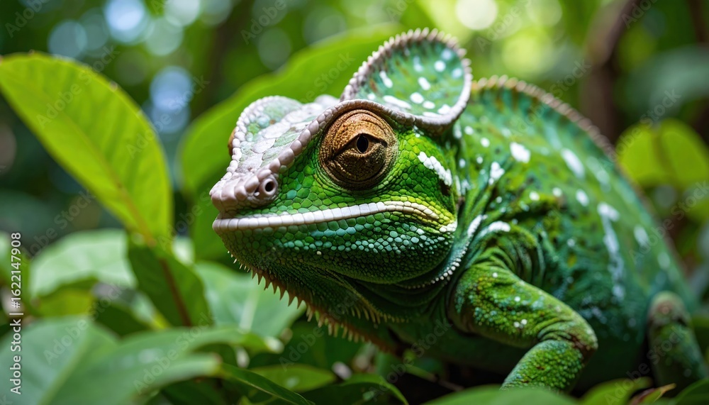 Fototapeta premium Green Chameleon in Tree with Closeup, Exotic Wildlife, and Nature.