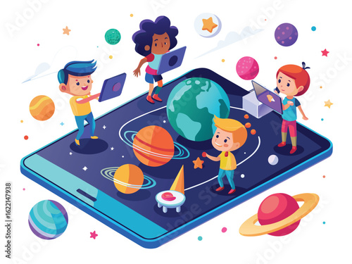 Children exploring planets on digital device digital learning space
