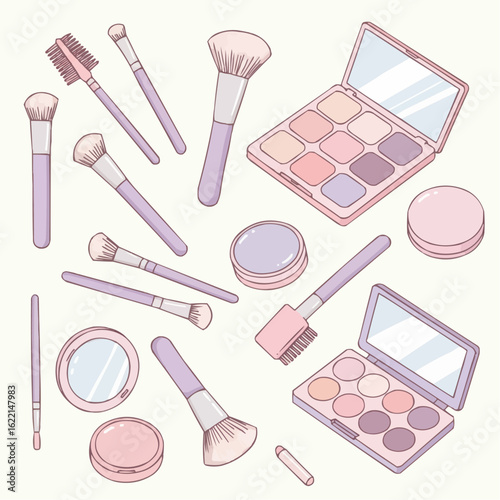 A collection of pastel-colored makeup brushes and eyeshadow palettes.