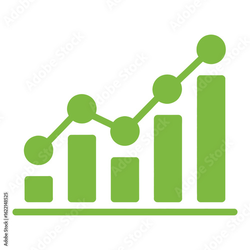 Green bar chart and line graph showing upward trend and growth silhouette