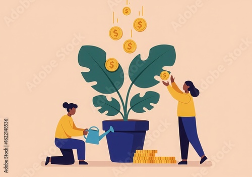 People planting and watering a money tree with coins falling from above
