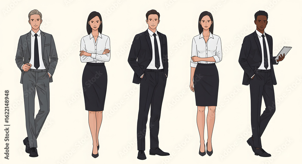 Obraz premium Flat-Style Business Character Vector Set — Diverse Professional Office Avatars for Corporate Animation, UI Design, and Explainer Videos in Clean Minimalist Style