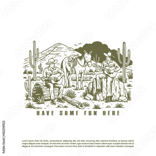 Vintage retro hand drawn two cowboy playing guitar and singing a song in the desert background vector