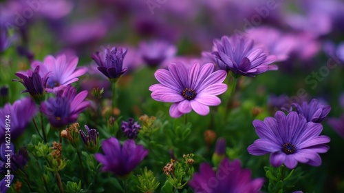 A vibrant close-up showcases a dense cluster of purple osteospermum flowers, their petals exhibiting varying shades and textures.  