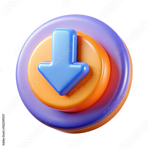 3D Rendered Vibrant Download Icon Illustration – Realistic PNG with Transparent Background for Web and UI Design