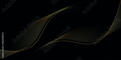 Dark abstract background with glowing golden waves. Shiny moving golden lines design element. Vector illustration Eps. 3