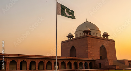Pakistan flag waving atop a tall pole with mausoleum of allama iqbal in the background at sunset