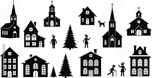 Christmas village black silhouette with houses, churches, trees, people, children, dog, perfect for winter holiday, festive decoration, design.