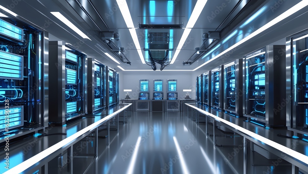 Fototapeta premium Modern futuristic server room with blue lights and reflective floor