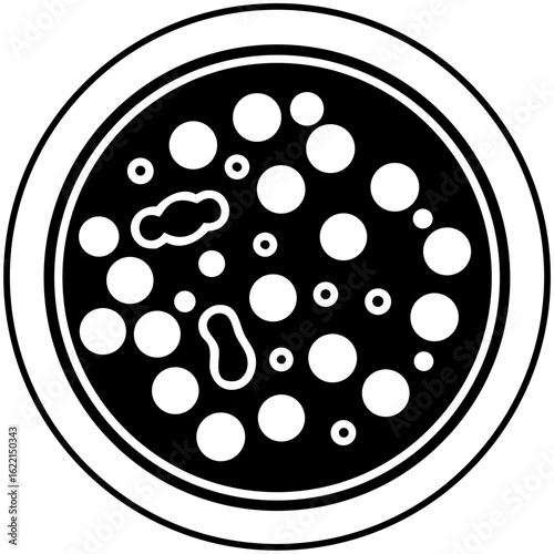 Petri dish with bacterial culture represented in black and white  