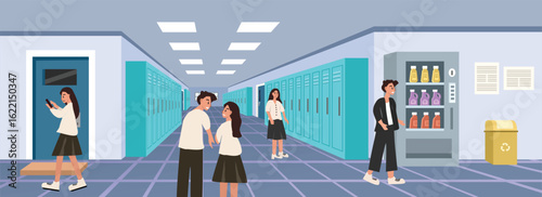 Student couple. Student classmate. Student locker. School vending machine. Student break time. School corridor. School hallway. 