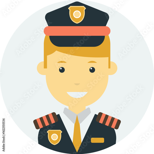 Illustration of a smiling police officer wearing a dark blue uniform and hat against a light gray circular background.