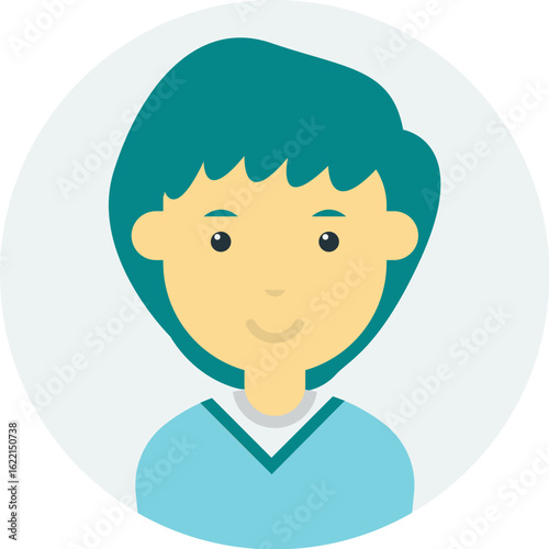 A cartoon style portrait of a person with teal hair and a light skin tone, set against a circular background.