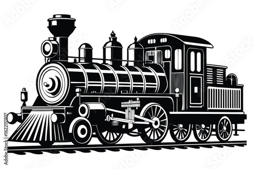 Vintage steam locomotive black and white illustration railroad train transportation retro classic engine