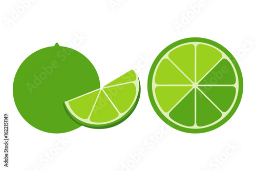 Green lime and lemon slices with leaves, a fresh citrus fruit vector illustration for healthy juice