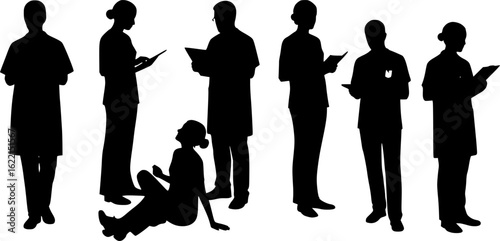 Set of nurses and doctors silhouettes in various poses. Black vector illustrations perfect for healthcare, medical, and wellness designs. Isolated on transparent background for versatile use.