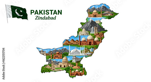 Illustrated map of pakistan with flag and landmarks on a white background with pakistan zindabad text
